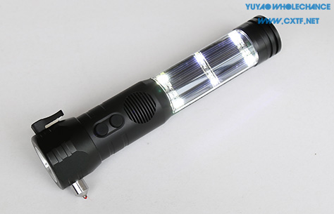 Solar Rechargeable Acousto-optic Alarm Self Rescue Safety Hammer Flashlight TL119F work light