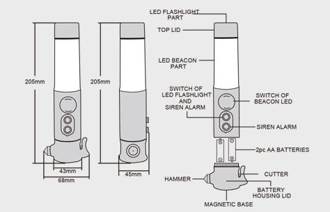 Multifunctional LED Emergency Acousto-optic Alarm Flashlight Safety Hammer TL023B size
