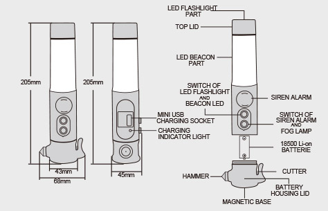 多功能汽车点烟器充电LED防雾灯消防应急声光报警手电筒安全锤TL023C-F尺寸
