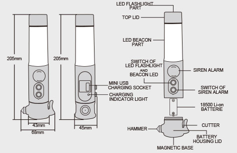 Cigarette Lighter Adapter Rechargeable Multifunctional LED Emergency Acousto-optic Alarm Flashlight Safety Hammer TL023C size