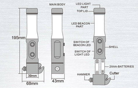 LED Car Emergency Hammer Flashlight TL023 size